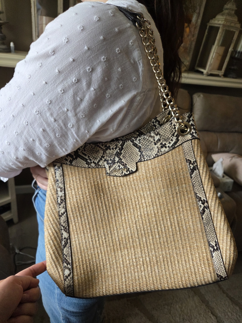 Nine West Tan Woven Shoulder Bag with Snake-Print Trim and Gold Chain
